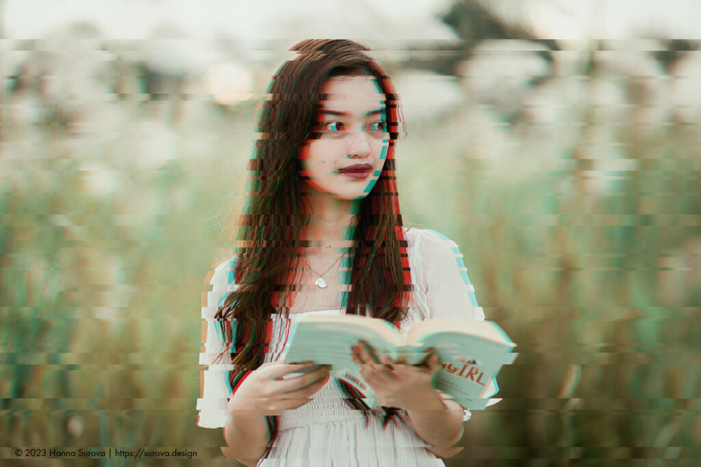 Distorted Glitch of a Young Woman in a Meadow
