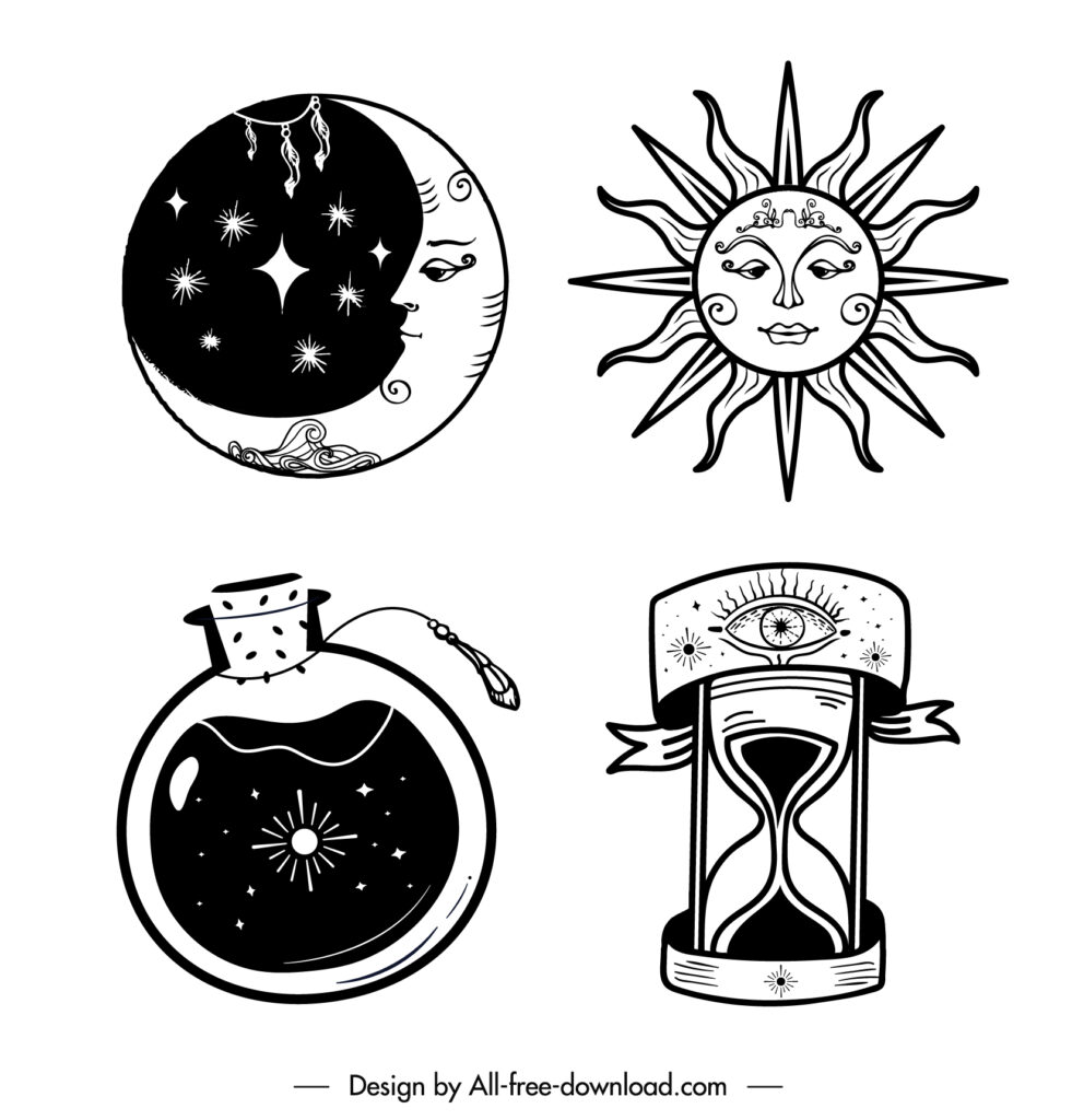 Set of 4 Tattoos Sun and Moon